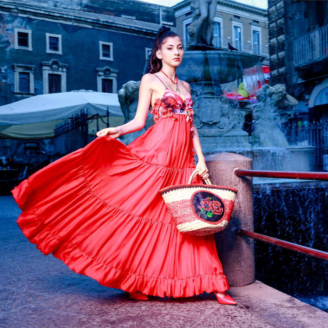 Abito Red Passion III Chiffon di Seta Papaveri