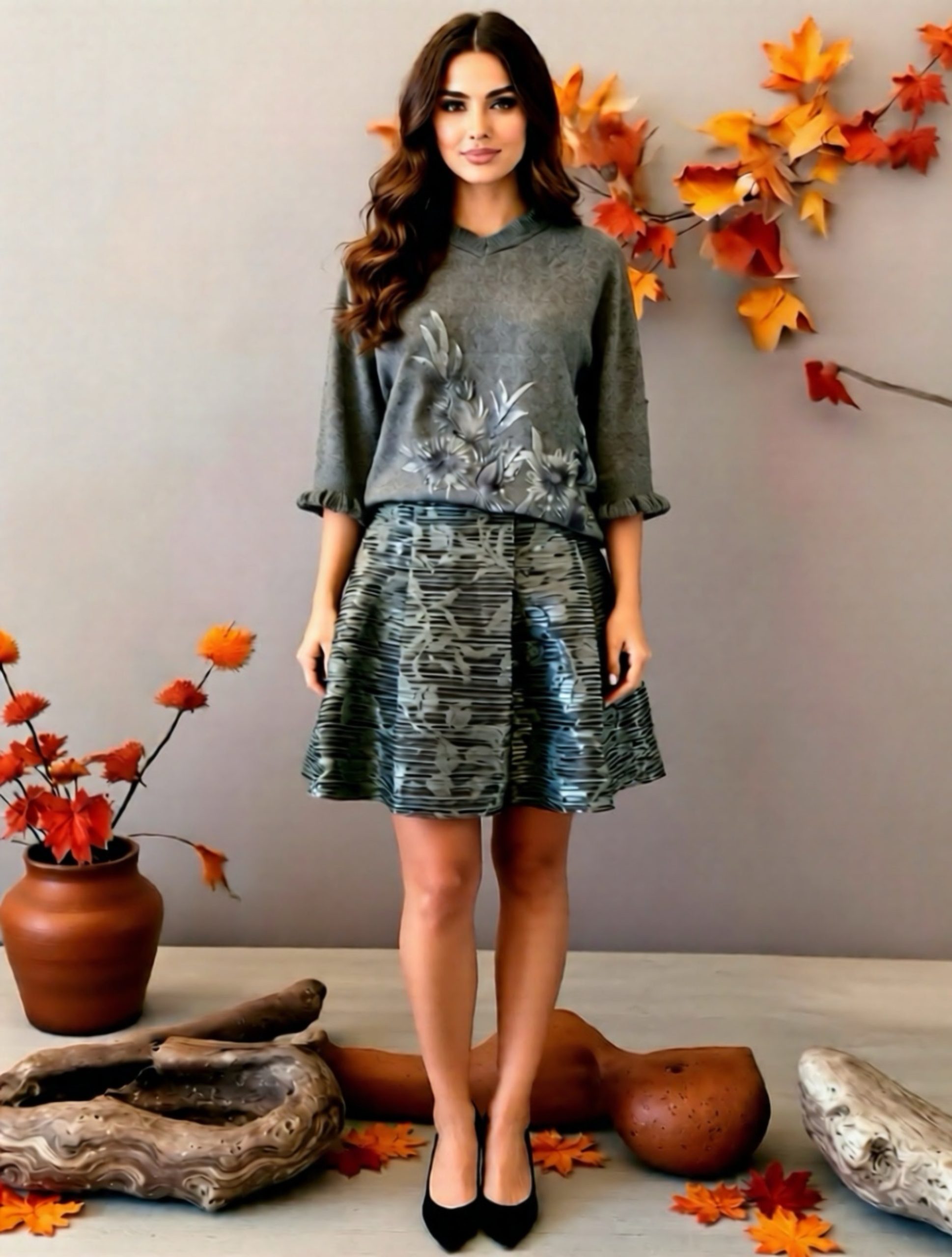 Maglione “Pennellate d’Autunno” – Dipinto Colore Grigio - immagine 4